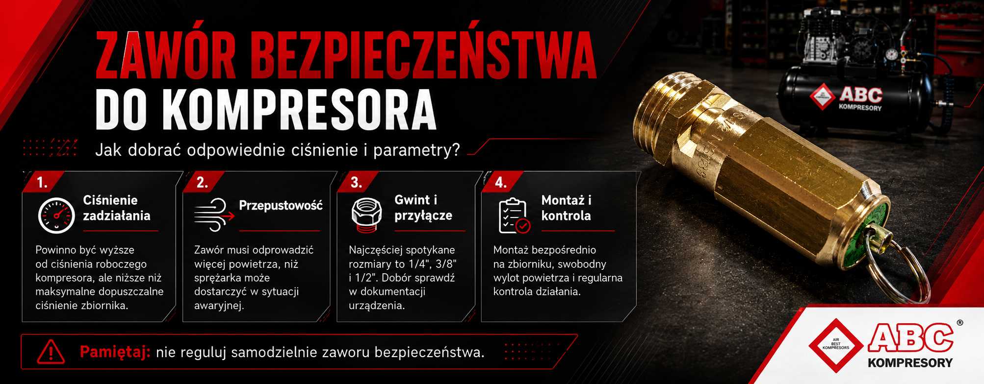 Infografika zawór bezpieczeństwa do kompresora – jak dobrać ciśnienie, przepustowość, gwint i sposób montażu